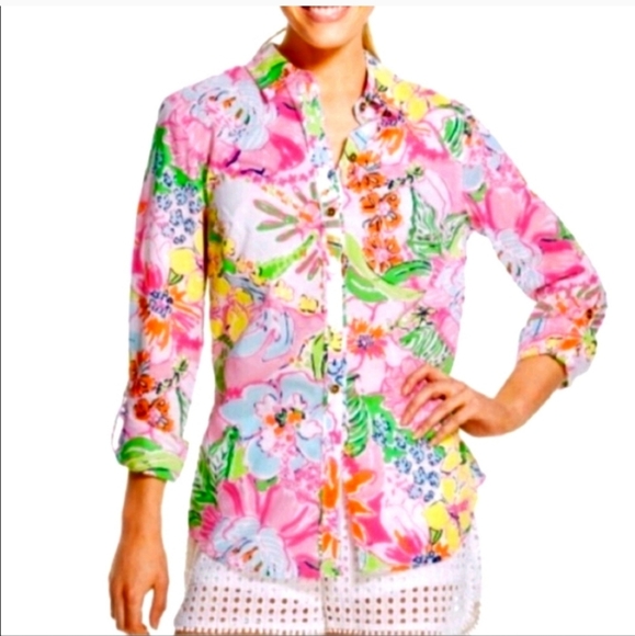 Lilly pulitzer nosey posey neon floral button up shirt size xs 100% cotton. - Picture 2 of 9